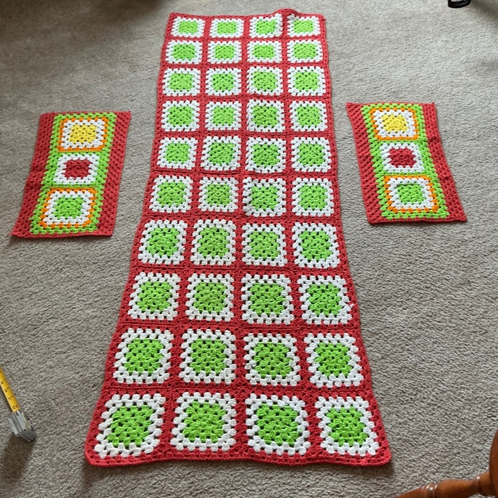Handmade Crochet Granny‎ Square Table Runner Placemat Set Red Green White Boho